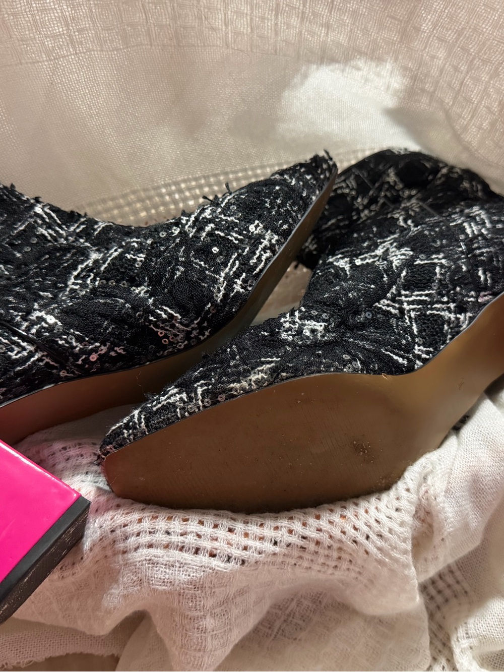 Betsey Johnson Black and White Tweed Pointed Toe Heels